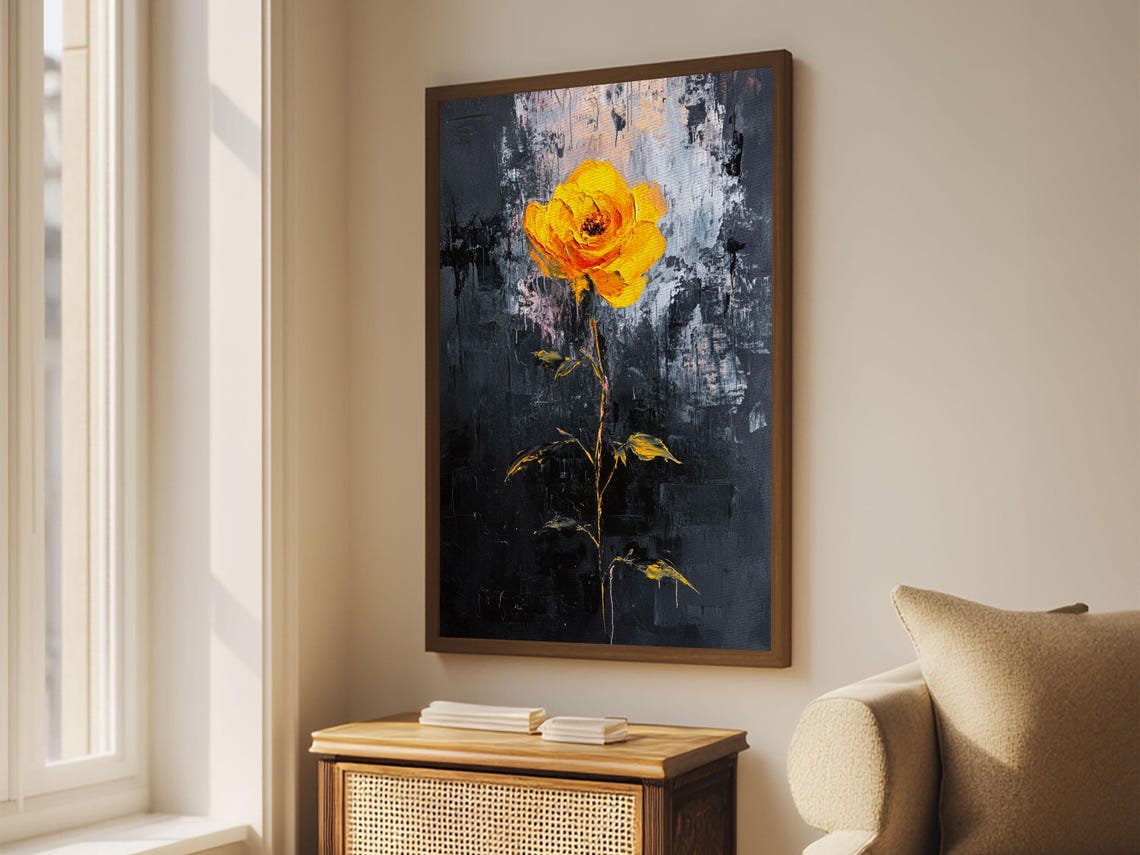Yellow Rose On Dark Background Bold Abstract Floral Modern Art Poster - Image 2