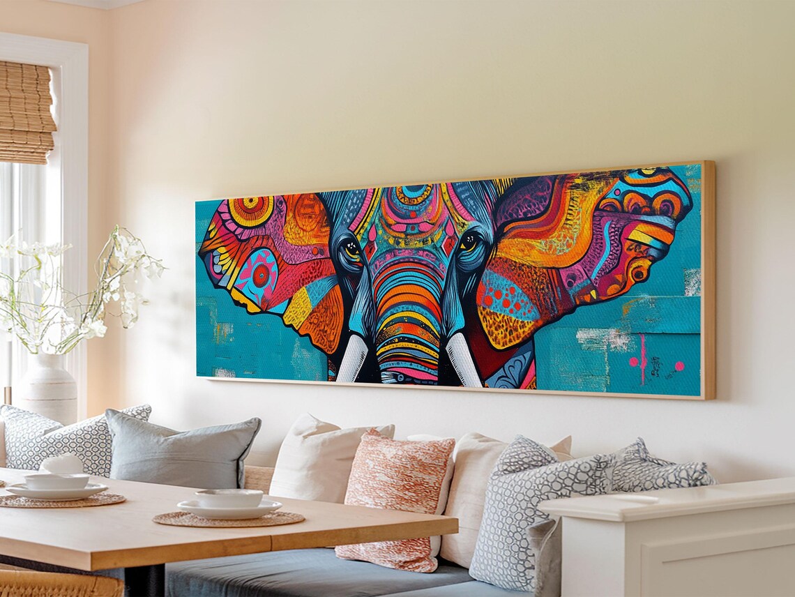 Vibrant Geometric Elephant Head Colorful Tribal Art Panoramic Wall Poster - Image 2