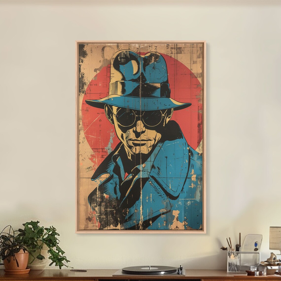 1950s Detective Noir Comic Art Poster Man in Fedora Sunglasses Print