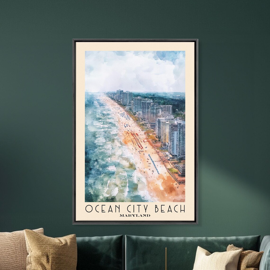 Ocean City Beach Maryland Aerial Skyline Shoreline Watercolor Poster - Image 5