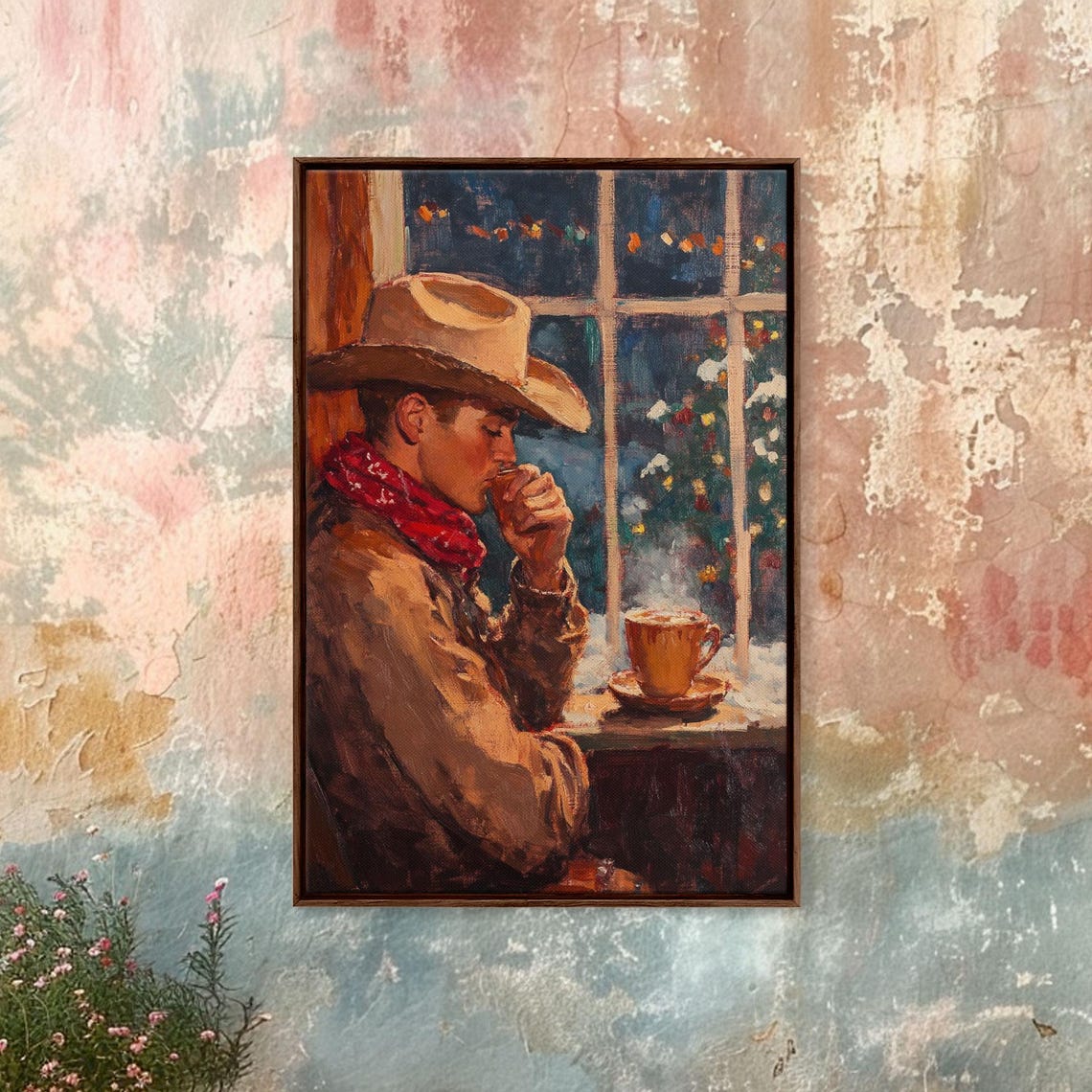 Cowboy Sipping Coffee By Night Window Steaming Mug Cozy Western Poster - Image 5