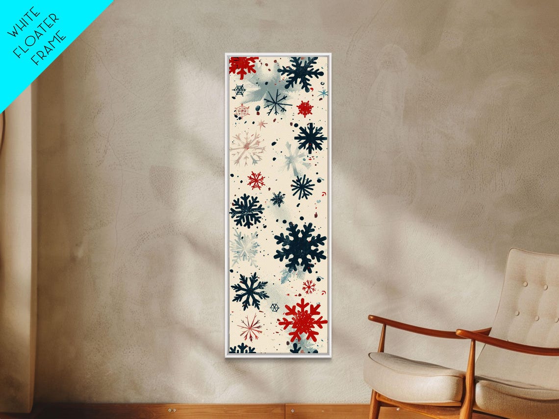 Festive Red And Navy Snowflakes On Cream Midcentury Style Art Poster - Image 4