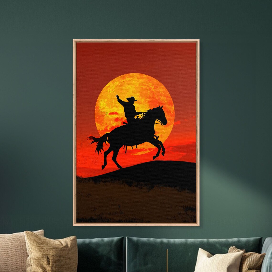 Cowboy Silhouette Galloping Horse Giant Orange Moon Wall Art - Image 4