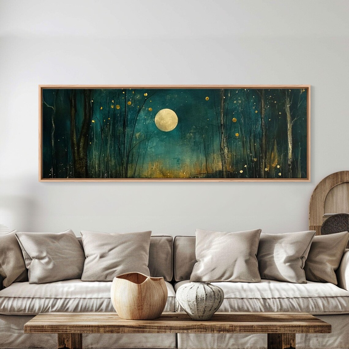 Dark Fantasy Forest At Midnight Framed Print Panoramic Wall Art Extra Wide Mystical Midnight In The Evil Forest Painting - Image 4