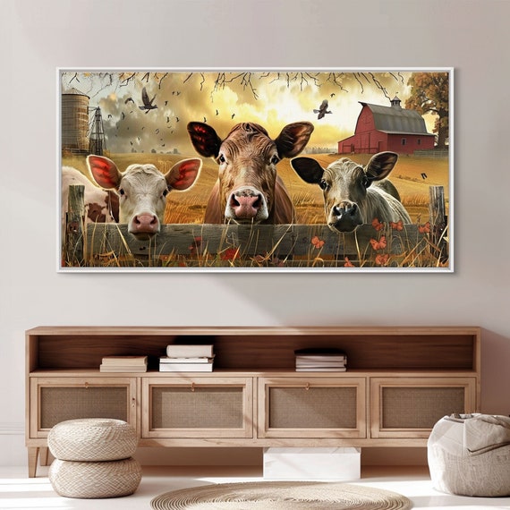 Cute Cows Peeking Through Barn Fence Framed Print Ideal For Farmhouse Living Room Country Style Wall Art Decor