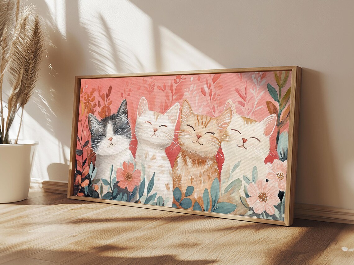 Four Happy Smiling Cats Floral Illustration Cute Kitten Gift Poster - Image 6