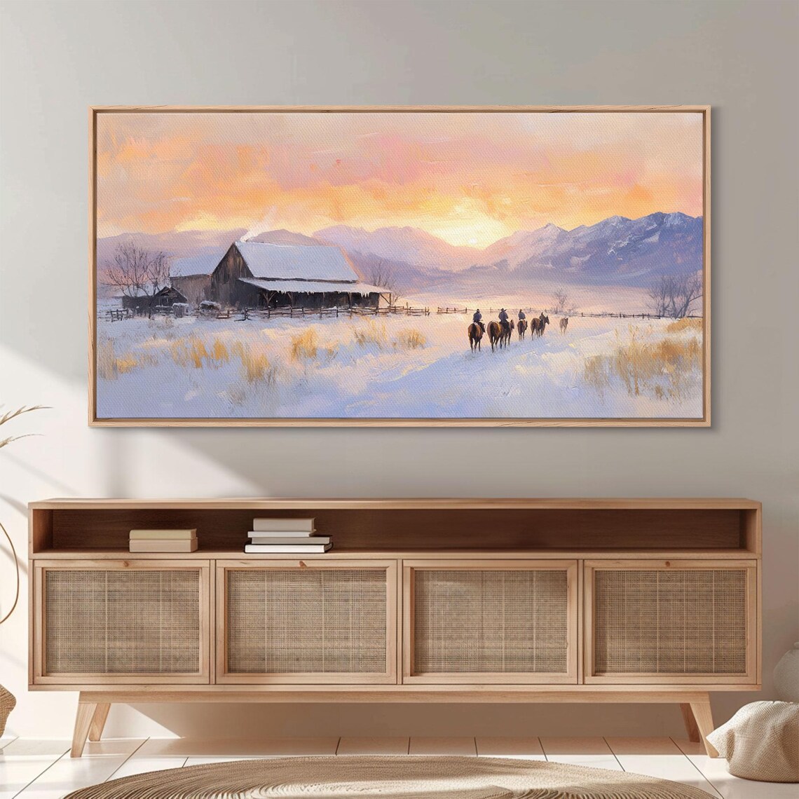 Snowy Farmhouse Sunset Ranch Barn Riders Winter Mountain Poster - Image 6