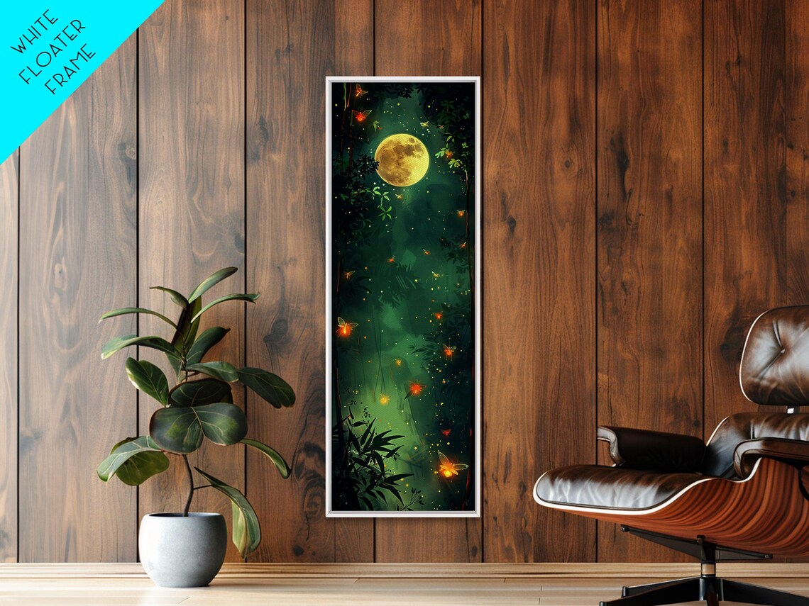 Enchanting Fireflies Illuminating Nighttime Forest Scene Under Full Moon Tall Framed Print Adding Magical Touch - Image 4