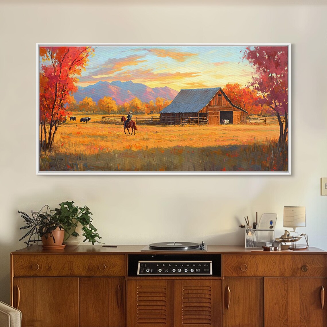 Autumn Cowboy Farm Barn Horses Sunset Mountains Landscape Poster