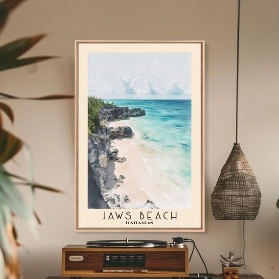 Jaws Beach Bahamas Turquoise Cove Rocky Cliffs Watercolor Travel Poster