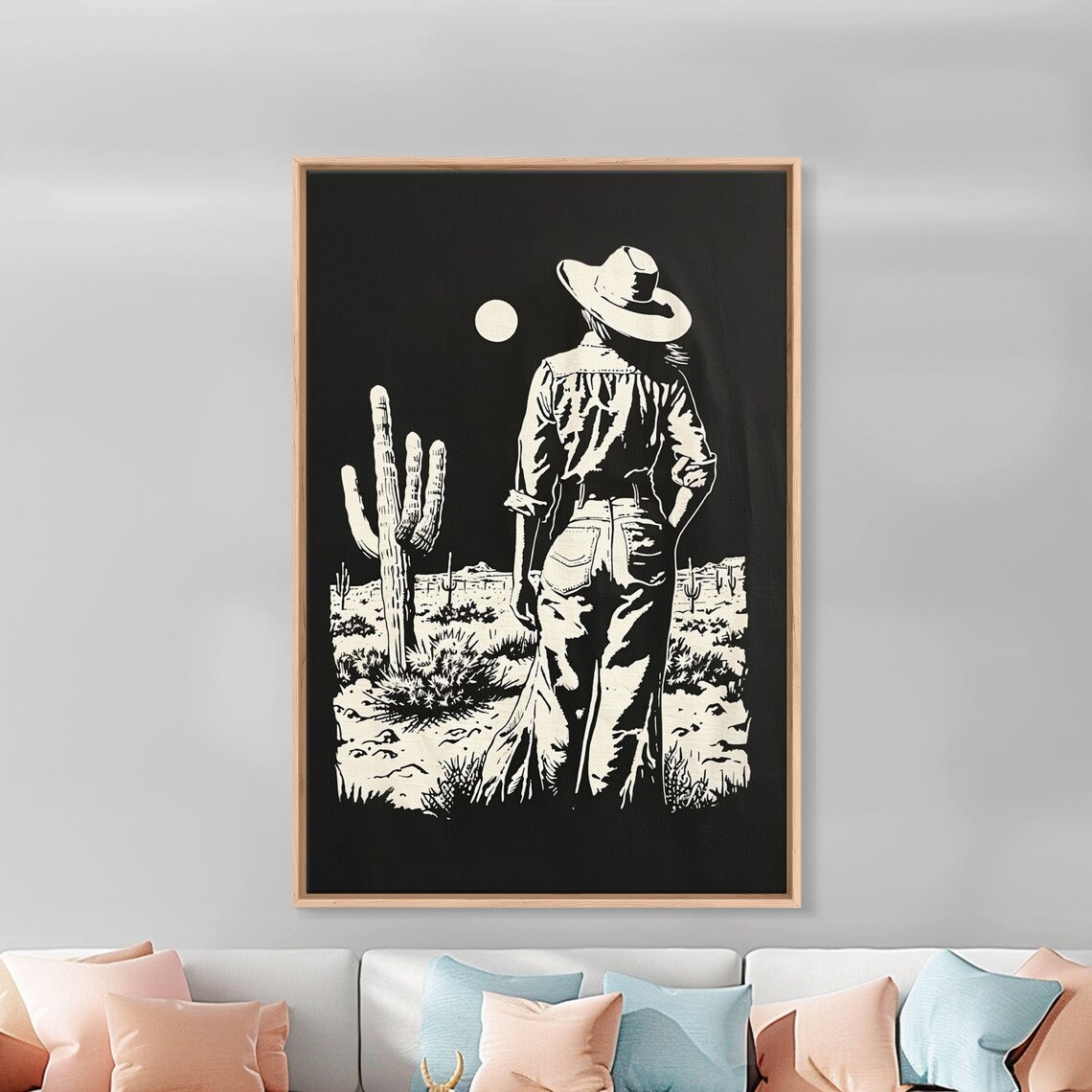 Cowgirl Silhouette Desert Moon Night Saguaro Cactus Black Art Poster - Image 3