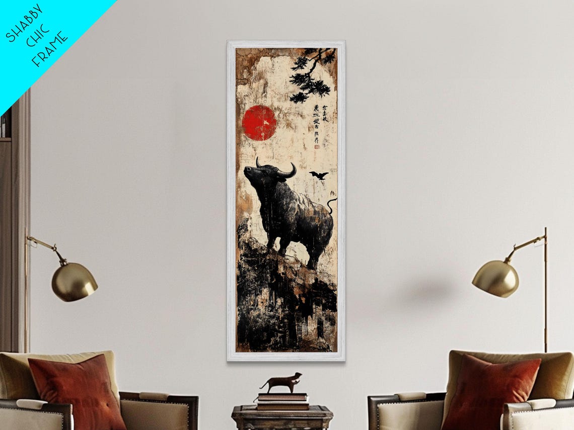 Black Buffalo Under Red Sun Japanese Ink Wash Rustic Wall Poster - Image 2