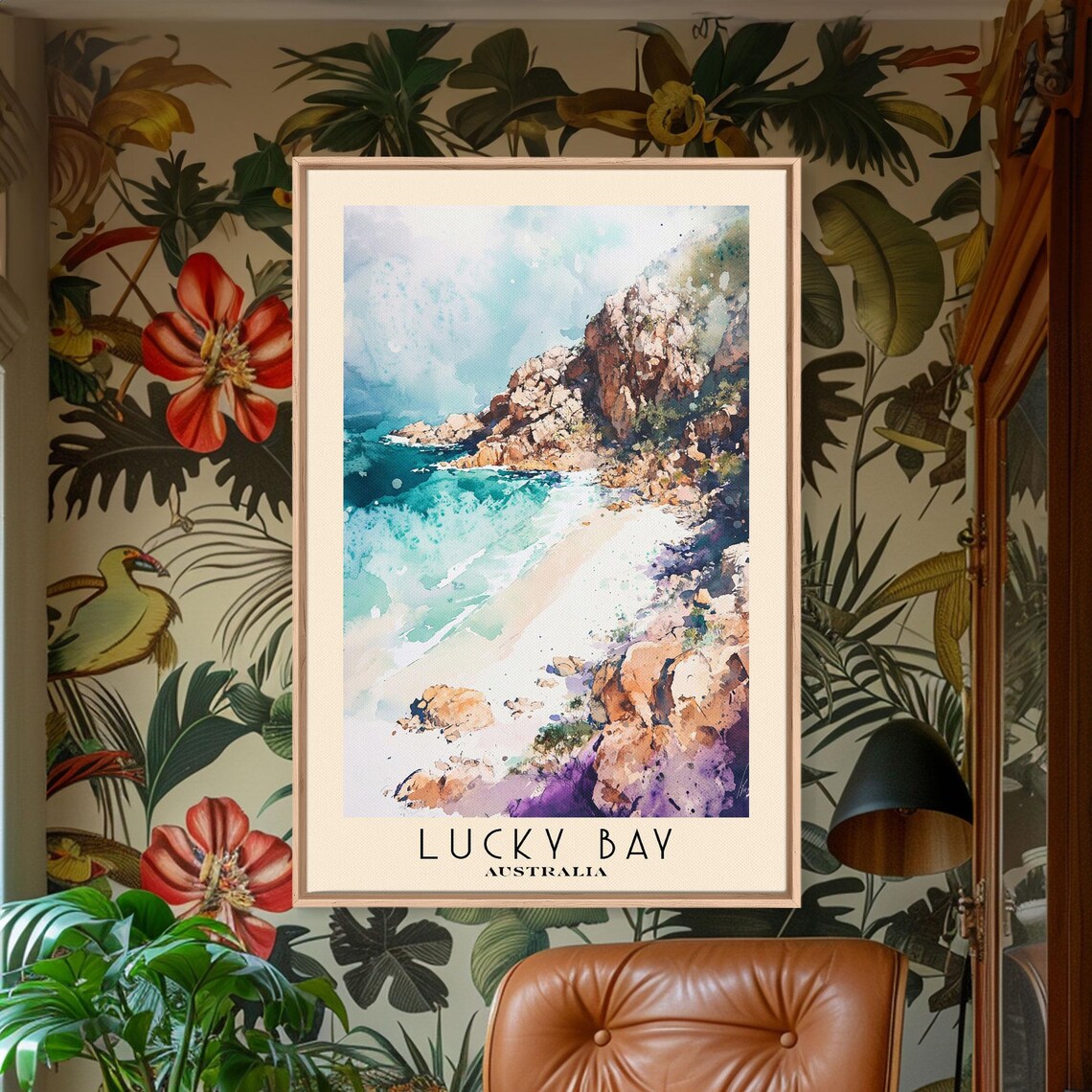 Lucky Bay Australia Rocky Headlands White Sand Surf Watercolor Poster - Image 2