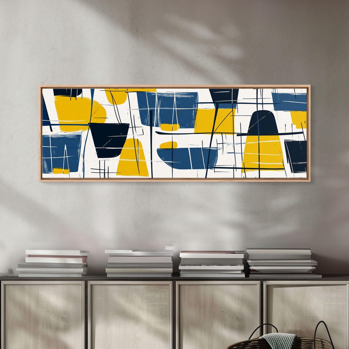 Mid Century Modern Abstract Navy Yellow Geometric Panoramic Print - Image 2