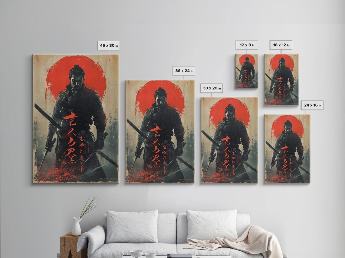 Dark Samurai Blood Red Moon Katana Warrior Japanese Ink Wall Art - Image 2
