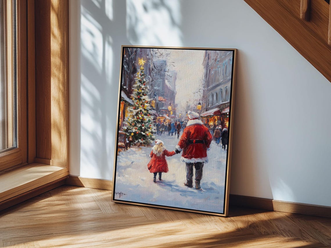 Santa With Child Snowy Town Square Christmas Tree Impressionist Poster - Image 4