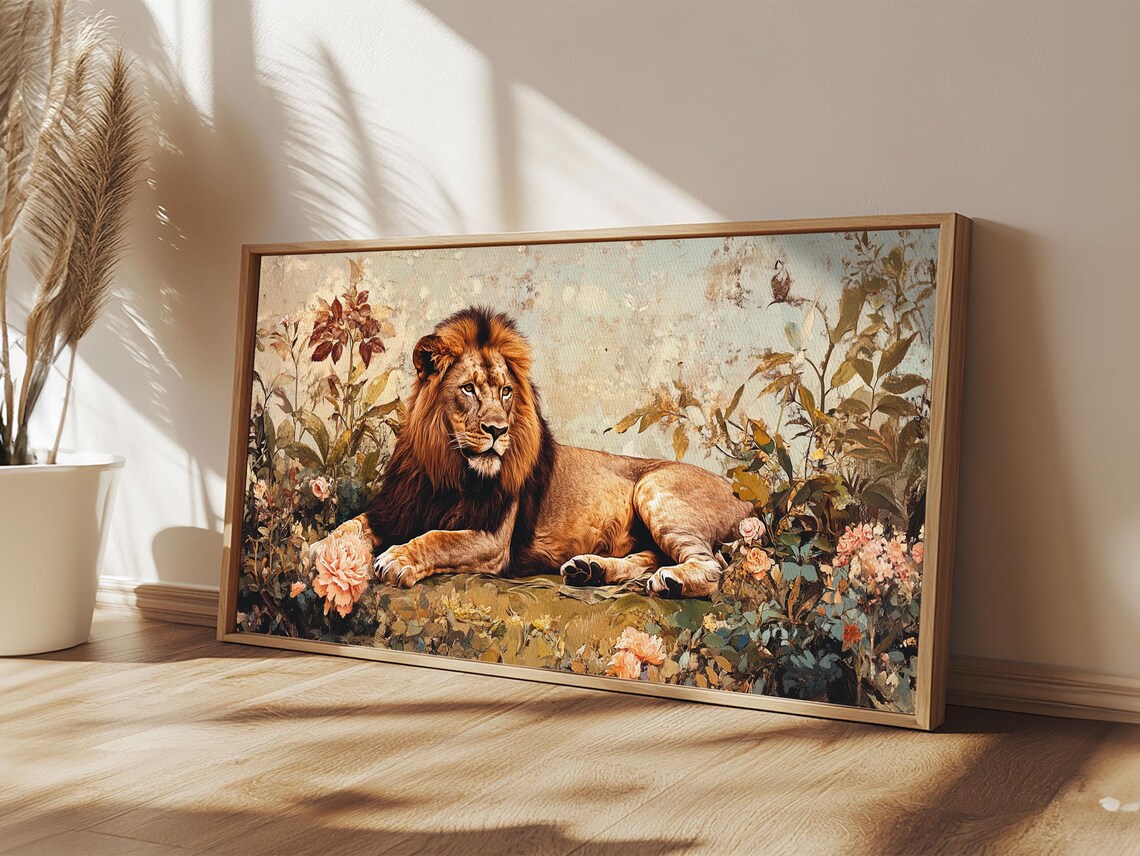 Regal Lion Reclining In Wildflowers Vintage Safari Wildlife Wall Art Print - Image 6