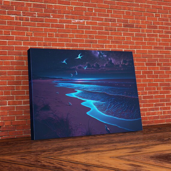 Bioluminescent Beach Night Glow Blue Waves Ocean Moonlight Shoreline Poster