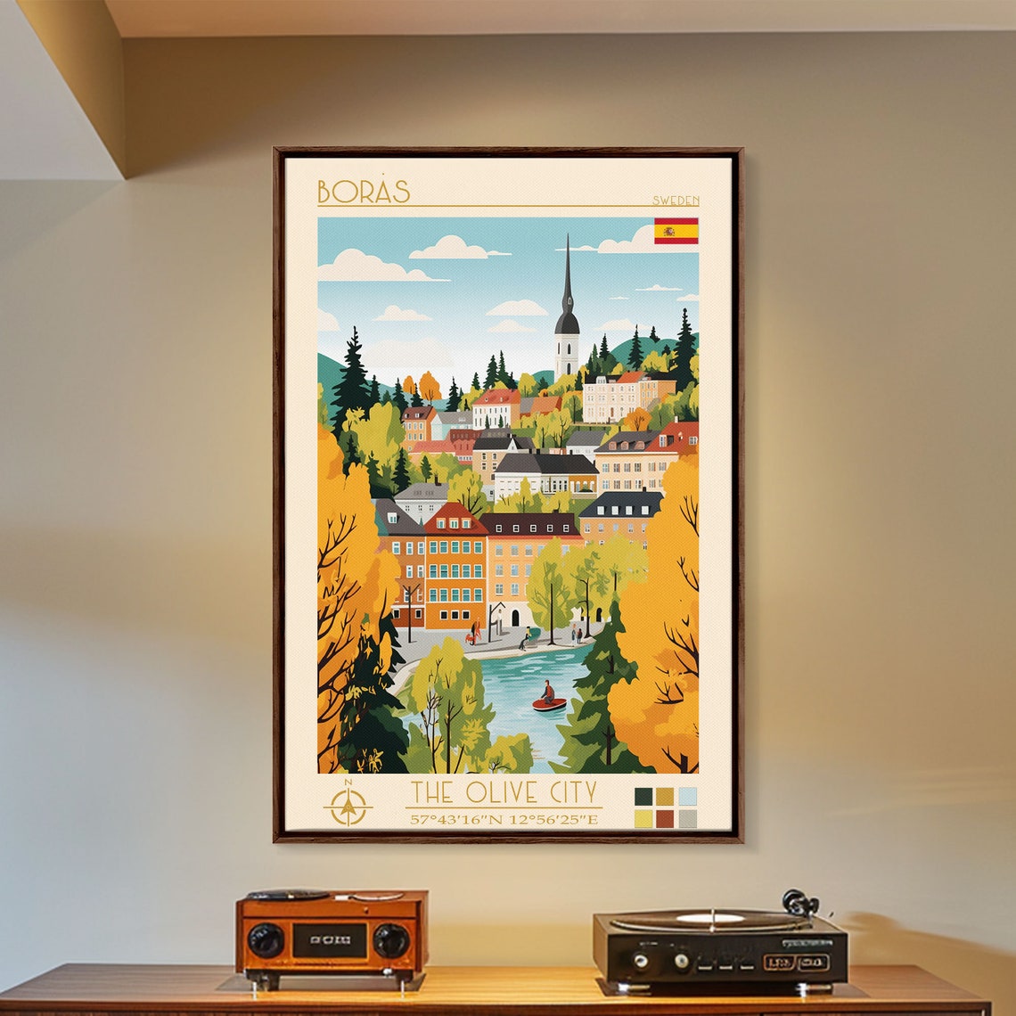 Boras Sweden Autumn Riverside Old Town Church Spire Kayak Poster - Image 2