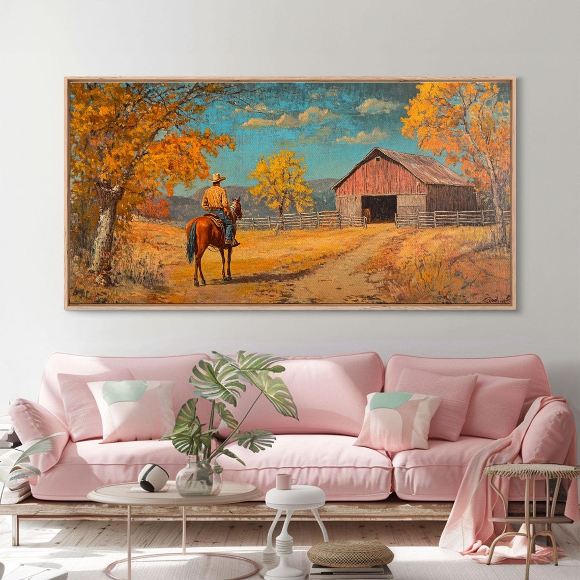 Cowboy Riding To The Red Barn Golden Autumn Farm Landscape Poster - Image 6