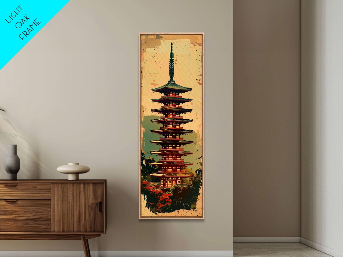 Five Story Pagoda Tower Sunset Vintage Japanese Landmark Travel Poster