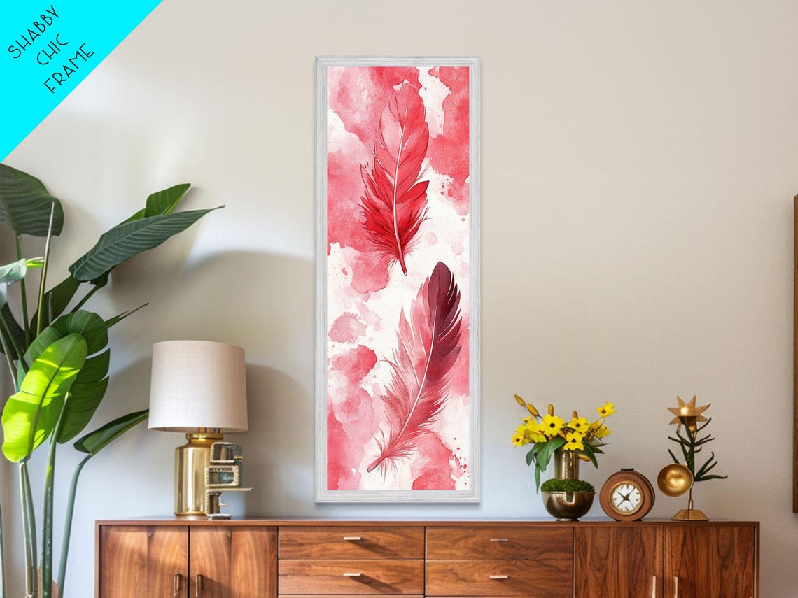 Elegant Pink Red Feathers Watercolor Minimalist Boho Wall Art - Image 5