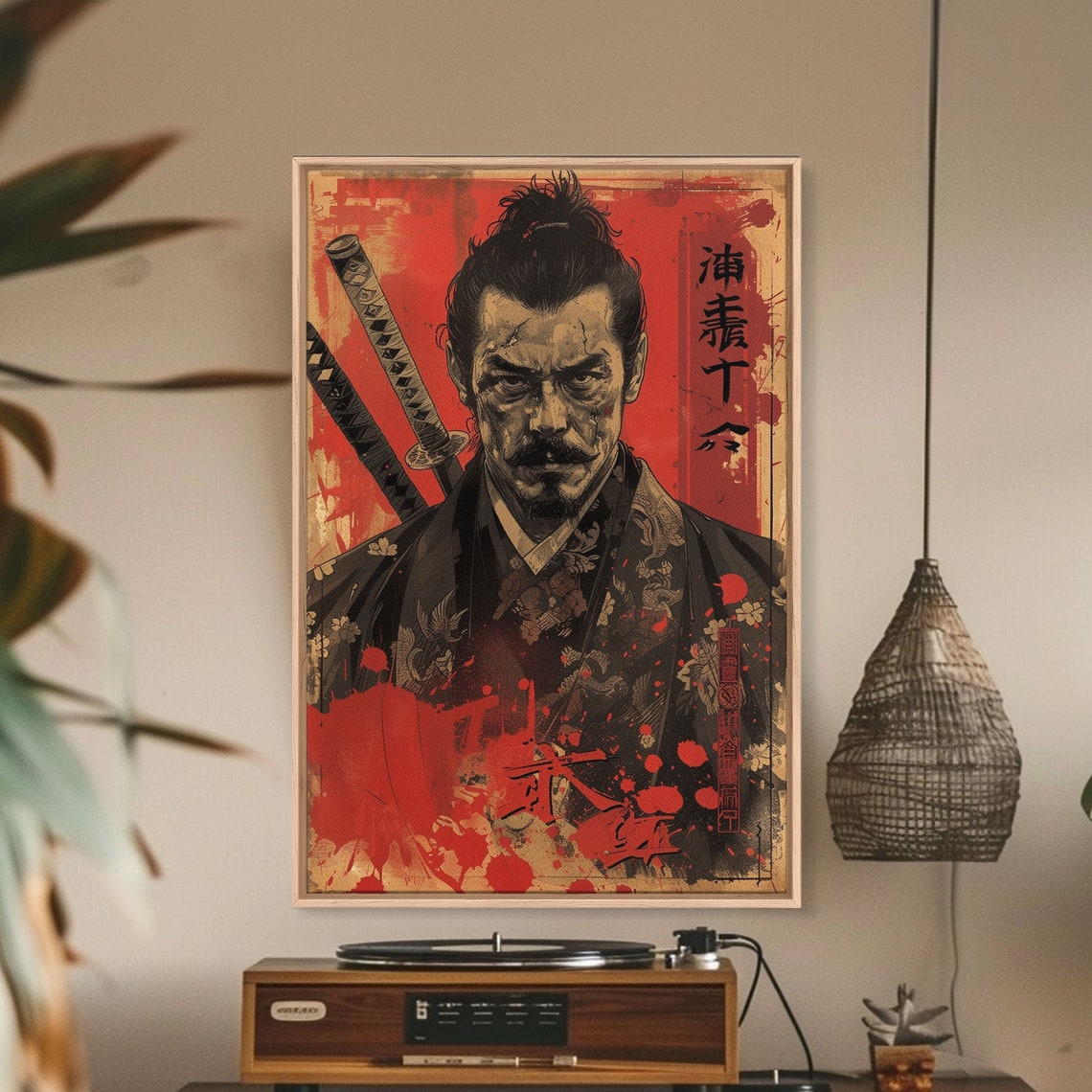 Samurai Warrior Floral Kimono Katanas Blood Red Distressed Poster - Image 5