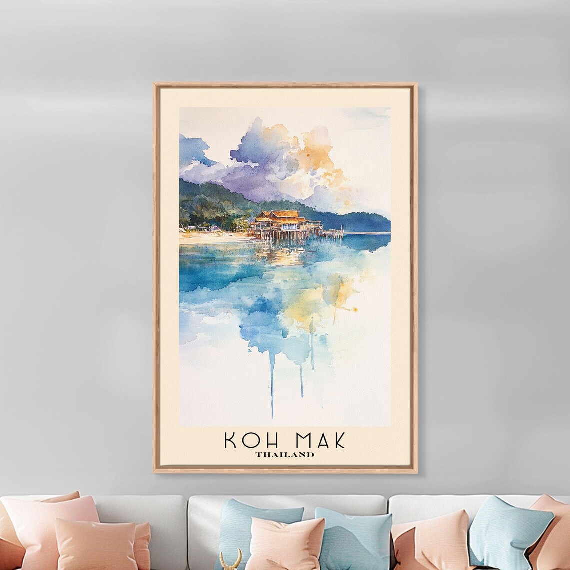 Koh Mak Thailand Stilt Houses Golden Water Reflection Watercolor Poster - Image 3