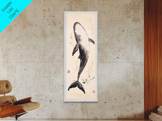 Minimalist Whale Ink Art Depicting Graceful Humpback Whale Elegant Black And White Framed Print For Nautical Or Coastal Decor