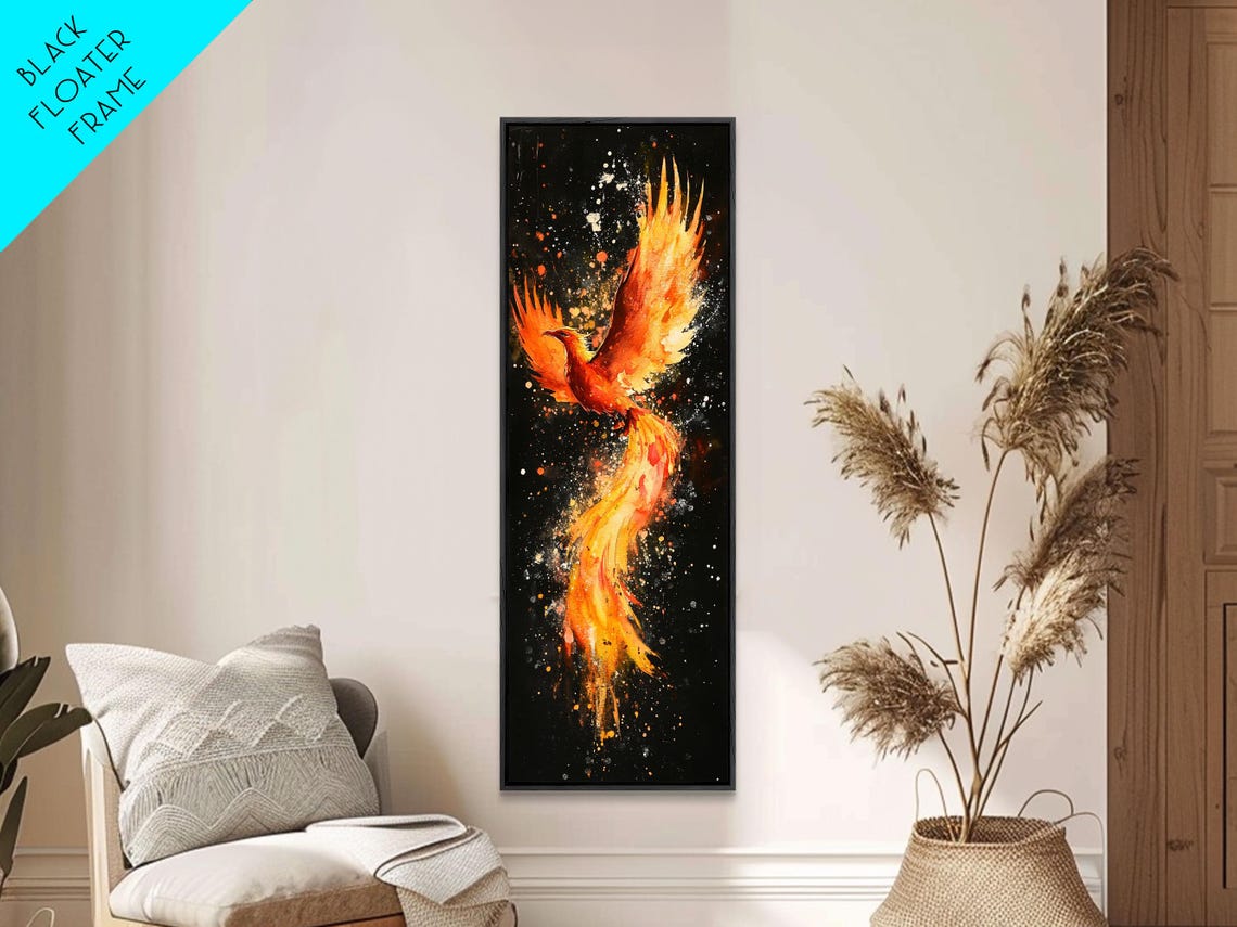 Fiery Phoenix Rising on Black Mythical Bird Watercolor Wall Art - Image 2