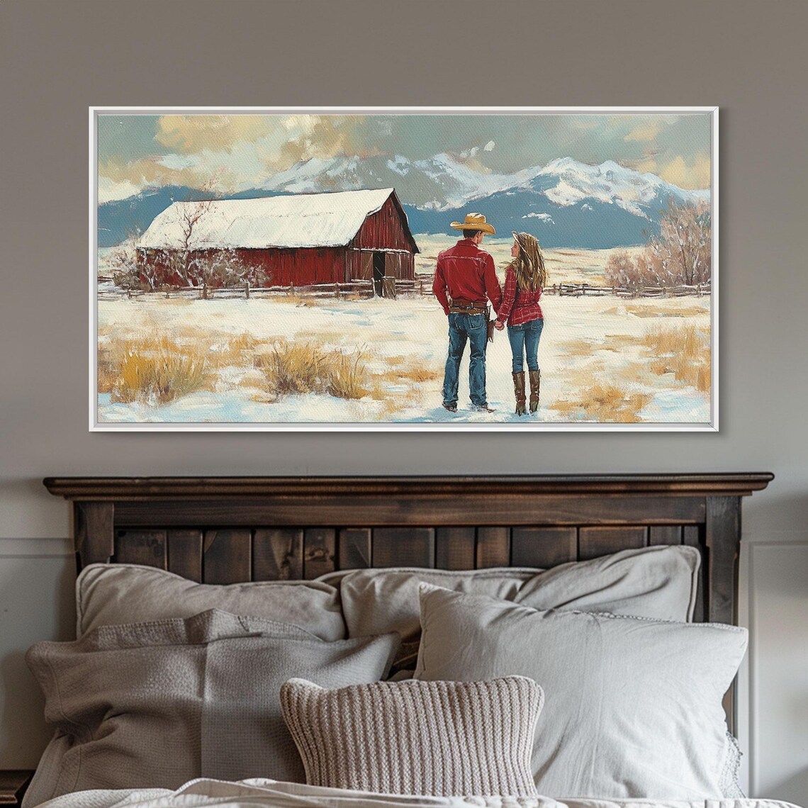 Country Couple Walking To Their Red Barn In Winter Snow Field Poster - Image 3