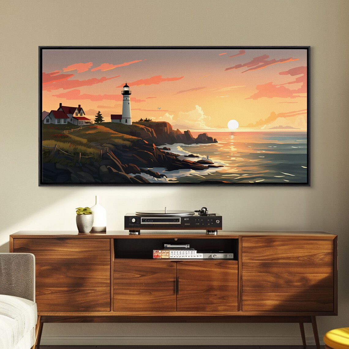 White Lighthouse Rocky Coast Sunset Orange Sky Ocean Waves Nautical Wall Art Poster - Image 5