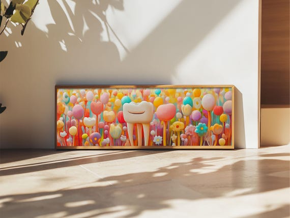 Framed Print Whimsical Dental Art Bright Colorful Wall Decor Horizontal Painting Unique Living Room Art Gift Idea