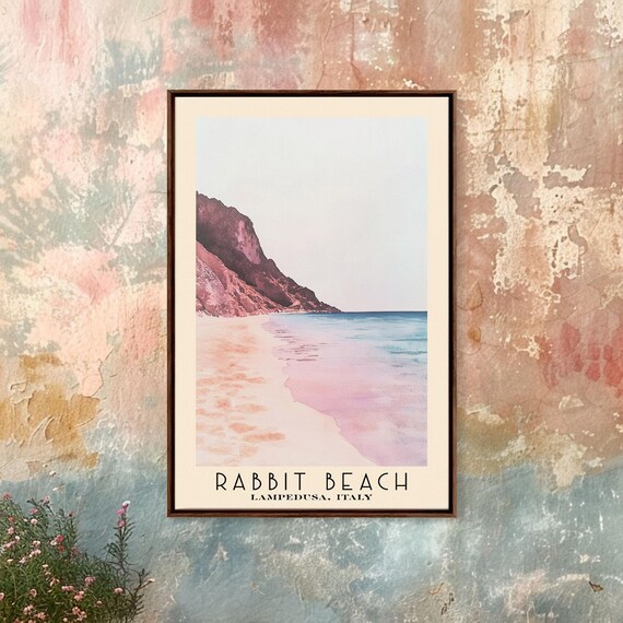 Rabbit Beach Lampedusa Italy Pink Cliffs Shoreline Watercolor Travel Poster