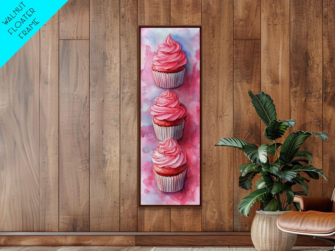 Three Pink Frosted Cupcakes Watercolor Sweet Kitchen Dessert Wall Art - Image 3