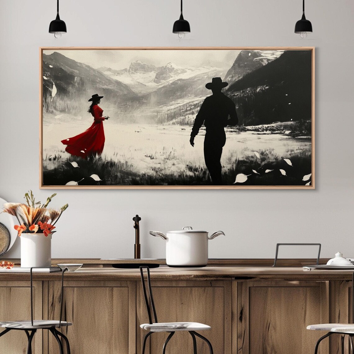 Red Dress Cowgirl Cowboy Silhouette In Snowy Mountain Lake Art Poster - Image 2