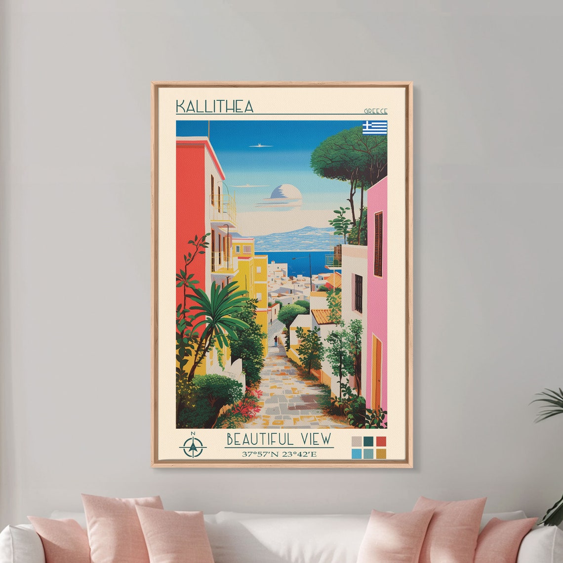 Kallithea Greece Colorful Lane Palm Trees Blue Bay View Poster - Image 3