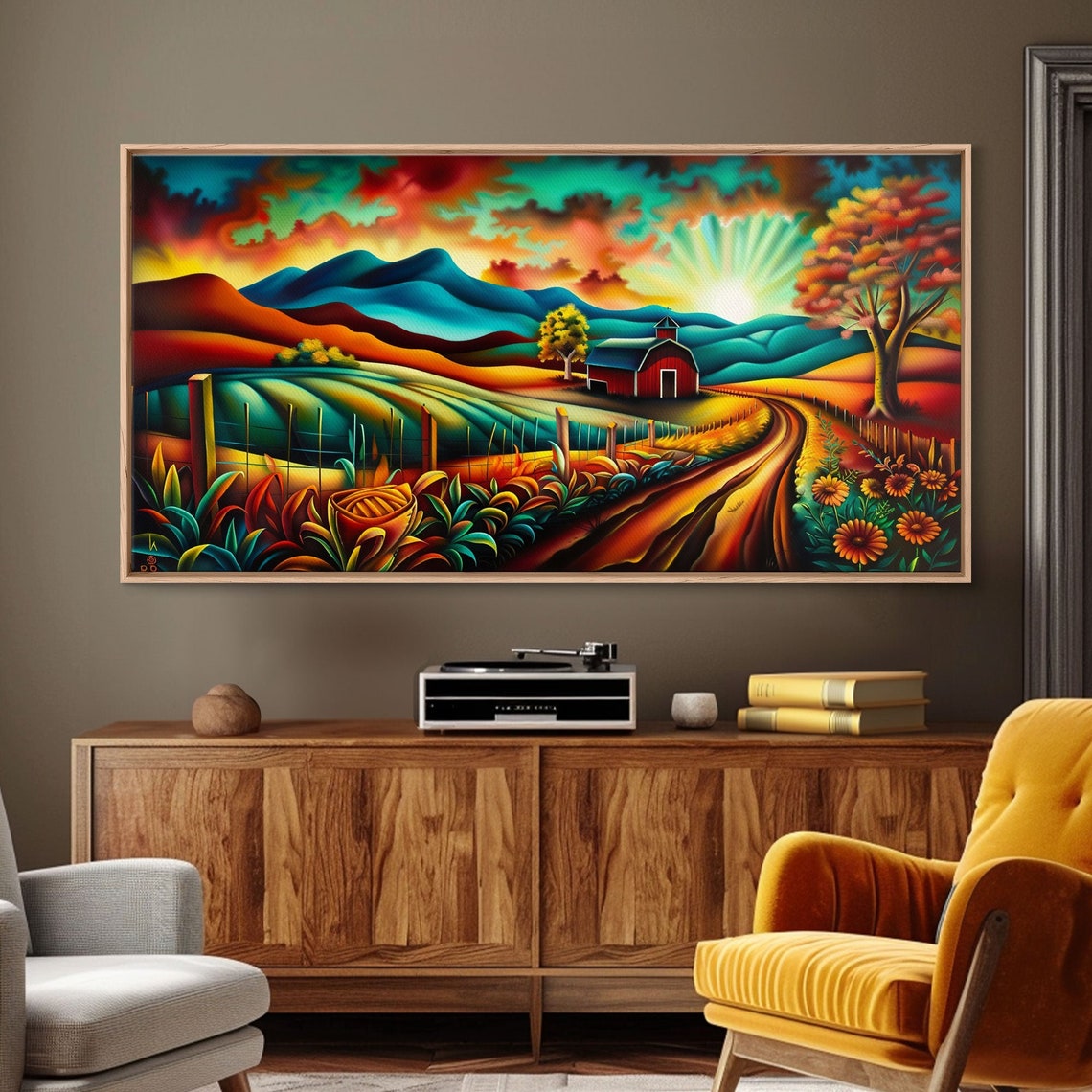 Colorful Red Barn Farm Sunrise Rolling Hills Folk Art Landscape Poster - Image 4