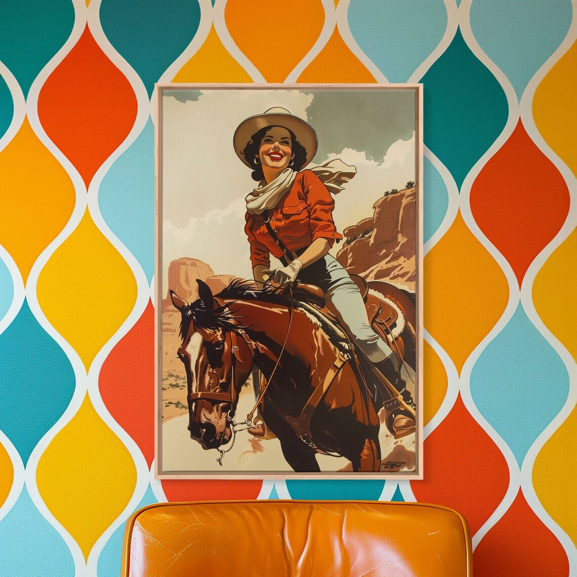Smiling Cowgirl Riding Horse Through Desert Canyon Retro Poster - Image 3