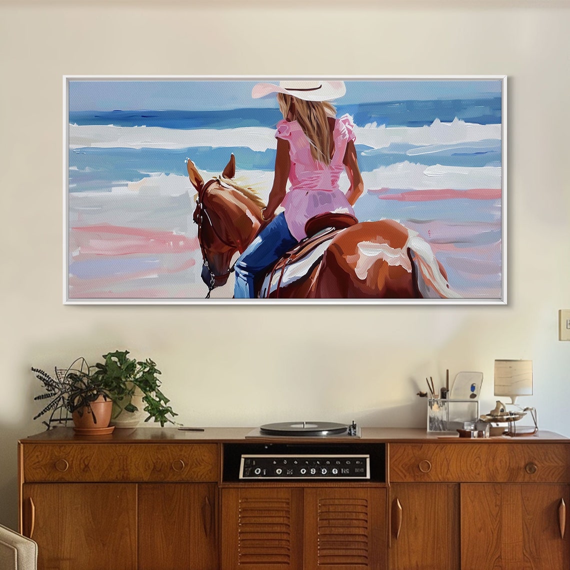 Cowgirl Riding Horse By The Ocean Tranquil Framed Print Perfect For Coastal Living Room Art Beach Bedroom Decor Horse Wall Art