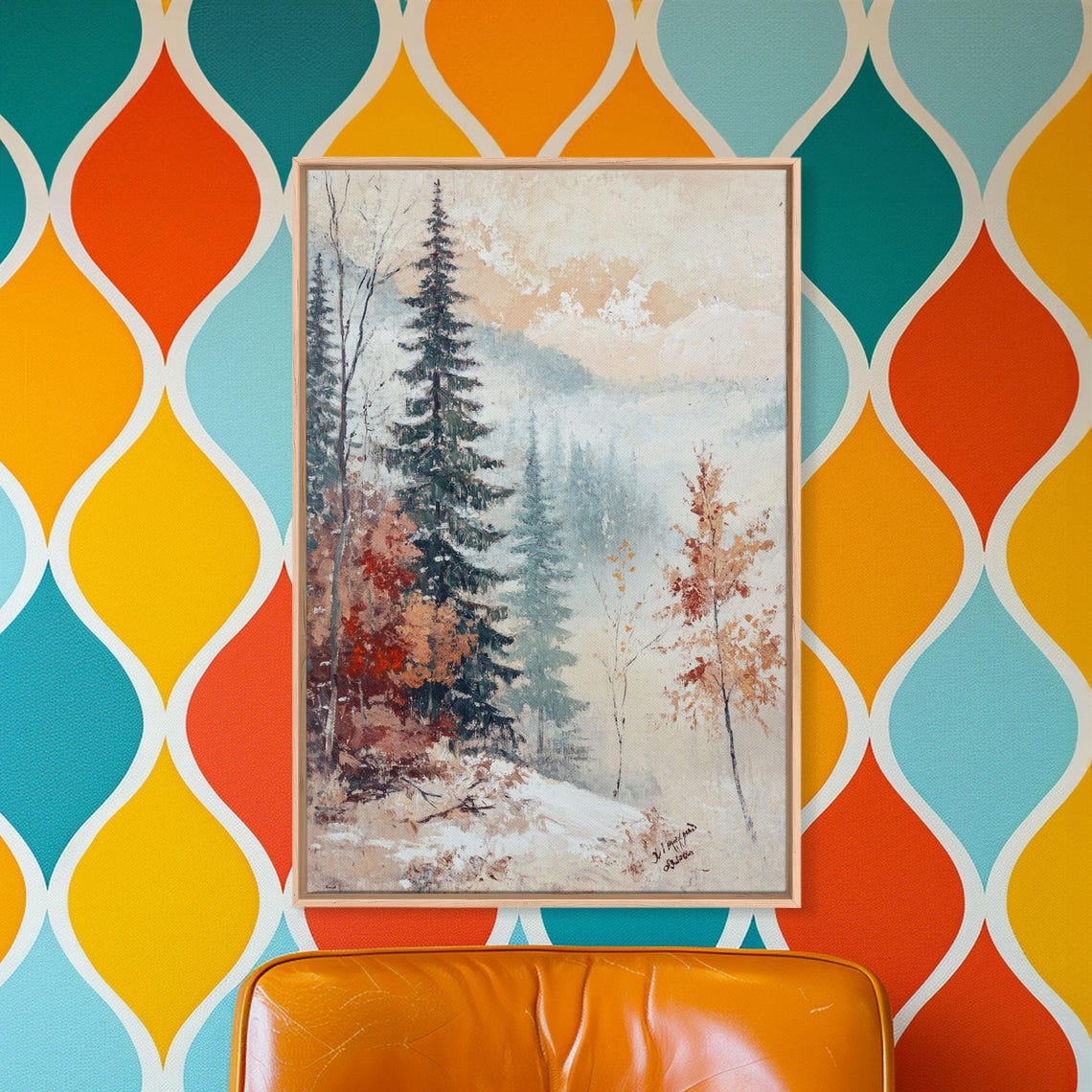 Snowy Winter Pines Birch Trees Orange Leaves Landscape Poster