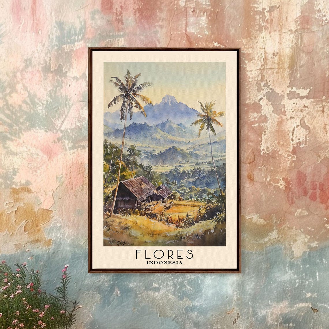 Flores Indonesia Palm Valley Misty Volcano Peaks Watercolor Poster - Image 4