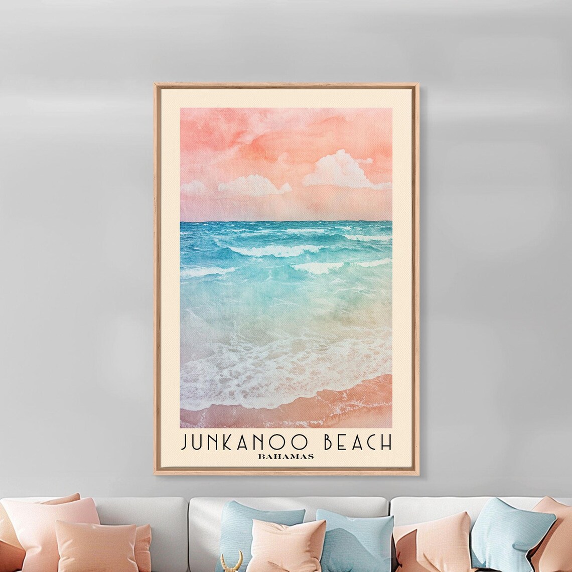 Junkanoo Beach Bahamas Pink Sky Turquoise Surf Waves Watercolor Art Poster - Image 3