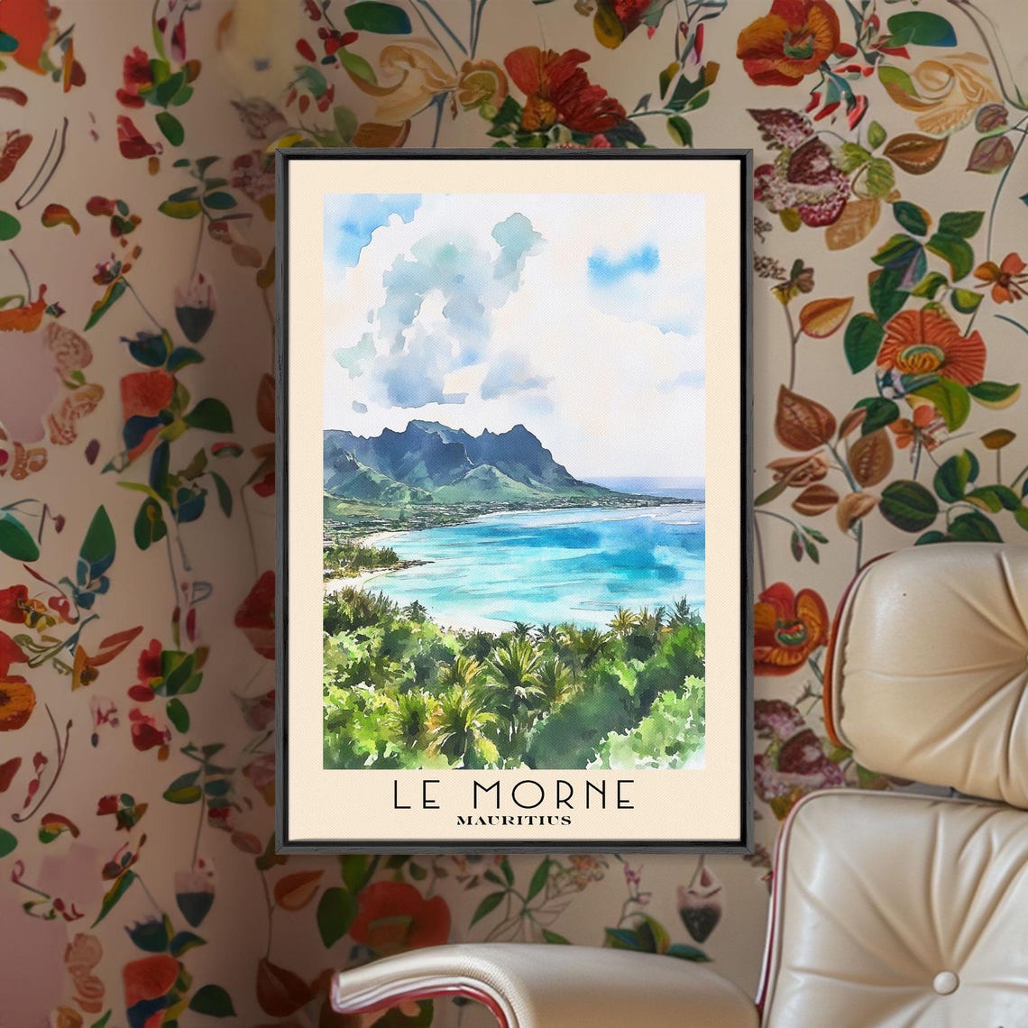 Le Morne Mauritius Mountain Peak Turquoise Bay Palms Watercolor Poster - Image 2