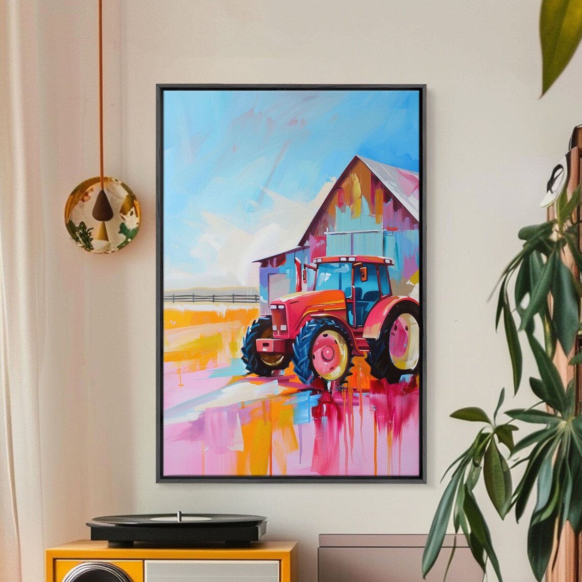 Colorful Red Tractor Barn Farm Harvest Scene Modern Art Wall Poster - Image 5