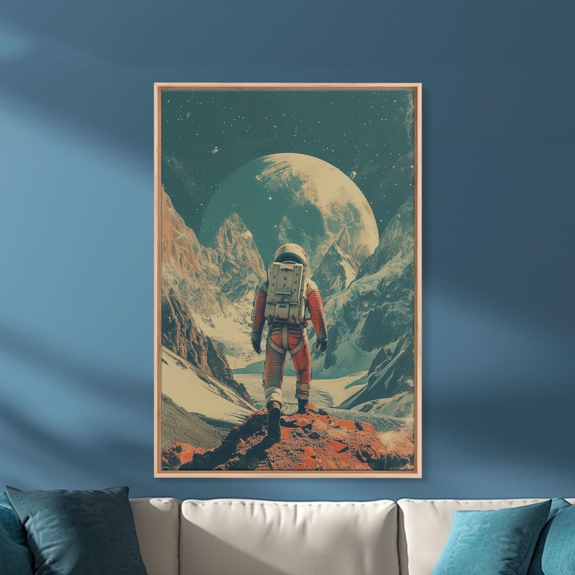 Retro Astronaut Alien Planet Giant Moon Vintage Sci-Fi Space Art Print