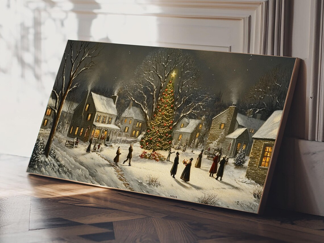 Victorian Christmas Street Night Snowy Lit Tree Oil Painting Print