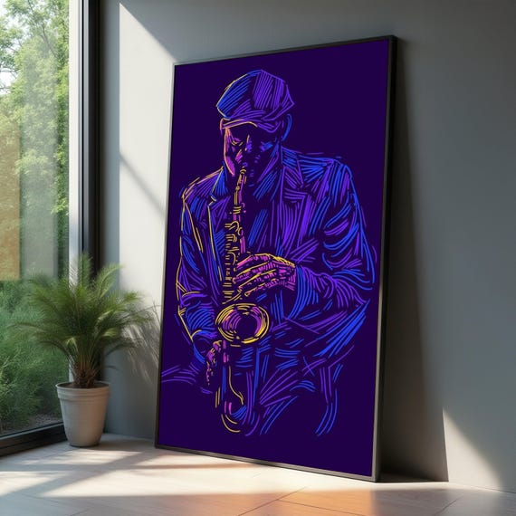 Neon Jazz Saxophone Player Canvas Musician Wall Art Abstract Instrument Illustration Modern Music Decor Vibrant Colorful
