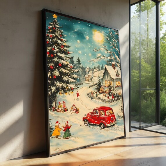 Vintage Christmas Village Kids Red Car Snowy Night Scene Poster