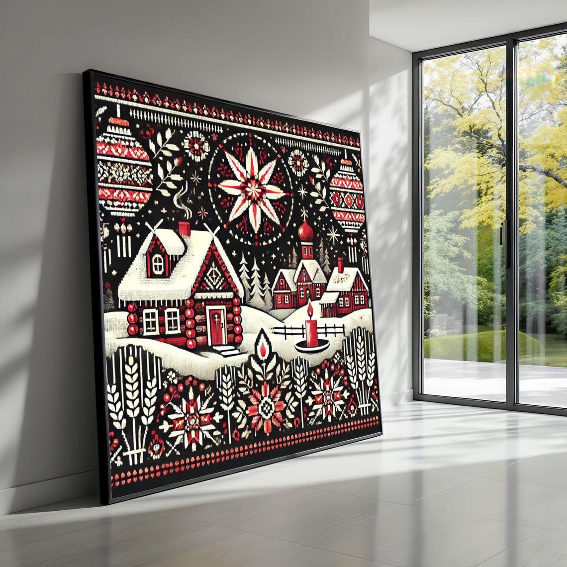 Nordic Fair Isle Winter Village Folk Art Christmas Scene Art Print